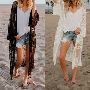 Boho Black Lace Embroidery Mesh Beach Coverup Cardigan